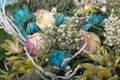 Faded flowers close up. Bouquet of pink roses and turquoise chrysanthemums Royalty Free Stock Photo