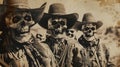 A faded photograph depicting a group of cowboys with sunken lifeless eyes and grinning skulls sped to their saddles.