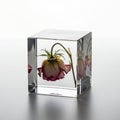 Faded Rose Encased in Clear Glass Cube on Reflective Surface with Soft Lighting and Isolated White Background Studio Still Life Royalty Free Stock Photo