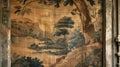 A faded tapestry depicting a desert landscape hangs above a door leading to a hidden back room.