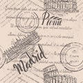 Faded text, stamps, Coliseum, lettering Rome, Royal Palace of Madrid, lettering Madrid, seamless pattern