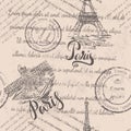 Faded text, stamps, Eiffel Tower, lettering Paris, hand drawn the Louvre, seamless pattern