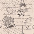 Faded text, stamps, Eiffel Tower, lettering Paris, hand drawn Milan Cathedral, lettering Milan, seamless pattern Royalty Free Stock Photo