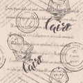 Faded text, stamps, Eiffel Tower, lettering Paris, seamless pattern on beige background [ÃÂ¿Ãâ¬ÃÂµÃÂ¾ÃÂ±Ãâ¬ÃÂ°ÃÂ·ÃÂ¾ÃÂ²ÃÂ°ÃÂ½ÃÂ½Ãâ¹ÃÂ¹] Royalty Free Stock Photo