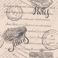 Faded text, stamps, hand drawn Acropolis of Athens, lettering, hand drawn the Louvre, lettering Paris, seamless pattern