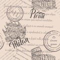 Faded text, stamps, hand drawn Coliseum, lettering Rome, hand drawn Milan Cathedral, lettering Milan Royalty Free Stock Photo