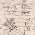 Faded text, stamps, Kremlin, lettering Moscow, hand drawn the Louvre, lettering Paris