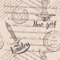 Faded text, stamps and the Statue of Liberty with lettering New york, big ben, lettering London, seamless pattern