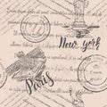 Faded text, stamps and the Statue of Liberty with lettering New york, hand drawn the Louvre, lettering Paris, seamless pattern