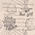 Faded text, stamps and the Statue of Liberty with lettering New york, hand drawn Milan Cathedral, lettering Milan, seamless patter