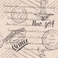 Faded text, stamps and the Statue of Liberty with lettering New york, hand drawn the Rialto Bridge, lettering Venice