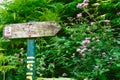 Faded wooden sign on the way to lake Lhurs in the greenery of National reserve park of Lescun, France. Text on the signpost from