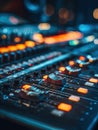 Close-up View of an Audio Mixing Console With Glowing Faders and Knobs in a Studio Setting During a Late-Night Session Royalty Free Stock Photo