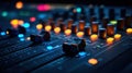 Close-up View of Professional Audio Mixing Console With Glowing Faders and Knobs at a Music Studio During a Late-Night Royalty Free Stock Photo