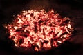 Fading embers from a wood burning fire at night. Royalty Free Stock Photo