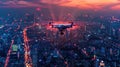 In the fading light of dusk, drones survey a sprawling cityscape veiled in mist, hinting at the intersection of technology and