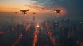 In the fading light of dusk, drones survey a sprawling cityscape veiled in mist, hinting at the intersection of technology and