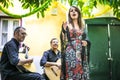 Fado band performing traditional portuguese music in the courtyard in Lisbon, Portugal Royalty Free Stock Photo