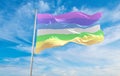 fae faer lesbian pride flag waving in the wind at cloudy sky. Freedom and love concept. Pride month. activism, community and