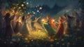 Faerie folk celebrating a midsummer night. Fantasy concept , Illustration painting