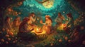 Faerie folk celebrating a midsummer night. Fantasy concept , Illustration painting