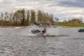 Fagersta, Sweden - Maj 07, 2020: Boy teenager wakeboarder fells into the water after an unsuccessful jump