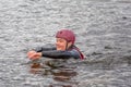 Fagersta, Sweden - Maj 07, 2020: Girl teenager wakeboarder fells into the water after an unsuccessful jump