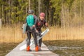 Fagersta, Sweden - Maj 07, 2020: Girls teenagers wakeboarding discuss a failed jump