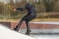 Fagersta, Sweden - Maj 01, 2020: Teenager wakeboarding on a lake