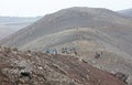 Tourists hiking near the new volcano at Fagradalsfjall, Iceland