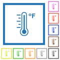 Fahrenheit thermometer warm temperature flat framed icons