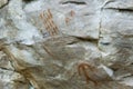 Faical cave paintings in San Ignacio Cajamarca Peru with hunters and warriors used boleadora stones with an antiquity of 5000 to Royalty Free Stock Photo