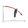 Fail businessman hanging on red graph going down vector illustration sketch doodle hand drawn with black lines isolated on white Royalty Free Stock Photo