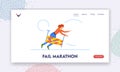 Fail Marathon Landing Page Template. Businesswoman Stumbles Over Obstacle During Race, Struggling To Regain Balance