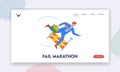 Fail Marathon Landing Page Template. Man Falling Over An Obstacle During Business Race. Male Character Faced Problems