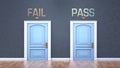 Fail and pass as a choice - pictured as words Fail, pass on doors to show that Fail and pass are opposite options while making