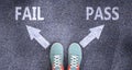 Fail and pass as different choices in life - pictured as words Fail, pass on a road to symbolize making decision and picking