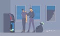 Failed burglary attempt flat vector illustration. Policeman in uniform and bank robber in mask cartoon characters