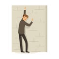 Failed and stressed businessman standing and leaning against a concrete wall, unsuccessful character vector Illustration