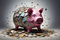 Broken piggy bank with coins on a gray background