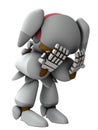 Failure and regret. A female robot that covers her face and looks down. A cute white robot composed of curved surfaces.