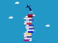 Failure to learn. businesswoman stands lost on a high stack of collapsing books