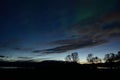 Faint aurora borealis dancing over fjord and trees