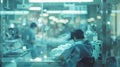 A faint outoffocus shot of a busy medical team working frantically in the background while a lone figure sits huddled in