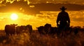 A faint silhouette of a cowboy herding cattle backlit by the soft glow of the rising sun