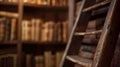 Faintly out of focus an aged library ladder leans against a bookshelf adding depth and character to the scene.