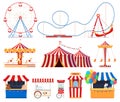 Fair with amusement park attractions. Children carousels, circus tent, extreme attractions. Fun pastime on a holiday