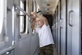 Fair-haired boy stands in railway carriage and looks out window. Rail travel