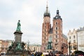 Fair in KRAKOW. Main Market Square and St. Mary`s Basilica Royalty Free Stock Photo