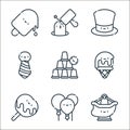 fair line icons. linear set. quality vector line set such as pirate ship, balloons, caramelized apple, ice cream, cups, tie, magic